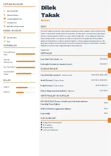 Eczacı CV Örnekleri cv indir